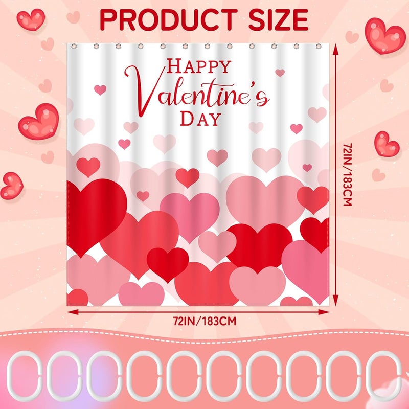 BOARDFEB Valentine's Day Shower Curtain, 72 X 72 Inches Heart Valentine Shower Curtain Romantic Red Hearts Bathroom Decor with Hooks Set Polyester Fabric Bathroom Bathtubs Decor - Image 2